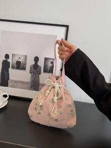 Casual Drawstring Coin Purse/Lipstick Bag/Women Handbag/Wristlet/Shoulder Bag With Lace Floral Ruffles And Drawstring For Shopping Portable - Watermelon Pink - View 1