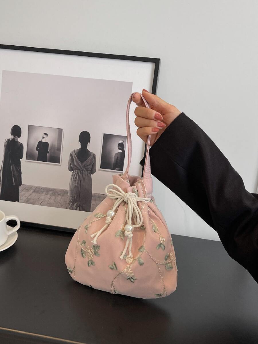 Casual Drawstring Coin Purse/Lipstick Bag/Women Handbag/Wristlet/Shoulder Bag With Lace Floral Ruffles And Drawstring For Shopping Portable - Watermelon Pink - View 1