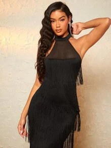 SHEIN BAE Đầm Nút Tương phản Mesh mép Chia phân lớp Dây kéo Tách cao màu trơn Buổi tiệc - màu đen - Xem 4