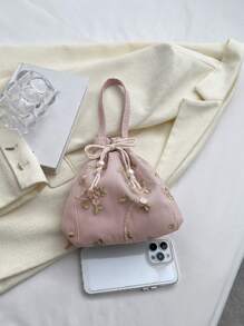 Casual Drawstring Coin Purse/Lipstick Bag/Women Handbag/Wristlet/Shoulder Bag With Lace Floral Ruffles And Drawstring For Shopping Portable - Watermelon Pink - View 4