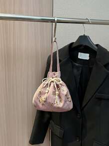 Casual Drawstring Coin Purse/Lipstick Bag/Women Handbag/Wristlet/Shoulder Bag With Lace Floral Ruffles And Drawstring For Shopping Portable - Watermelon Pink - View 6