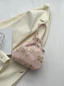 Casual Drawstring Coin Purse/Lipstick Bag/Women Handbag/Wristlet/Shoulder Bag With Lace Floral Ruffles And Drawstring For Shopping Portable - Watermelon Pink - View 7