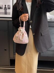 Casual Drawstring Coin Purse/Lipstick Bag/Women Handbag/Wristlet/Shoulder Bag With Lace Floral Ruffles And Drawstring For Shopping Portable - Watermelon Pink - View 8