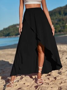 SHEIN VCAY Solid High Low Hem Skirt - Black - View 1