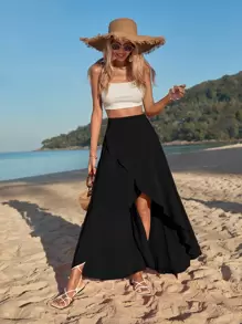 SHEIN VCAY Solid High Low Hem Skirt - Black - View 5