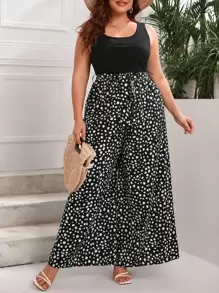 SHEIN VCAY 大碼斑點印花闊腿連體褲 - 黑與白 - 查看 1