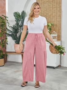 SHEIN LUNE Plus 1pc Drawstring Waist Wide Leg Pants - Pink - View 3