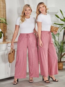SHEIN LUNE Plus 1pc Drawstring Waist Wide Leg Pants - Pink - View 7