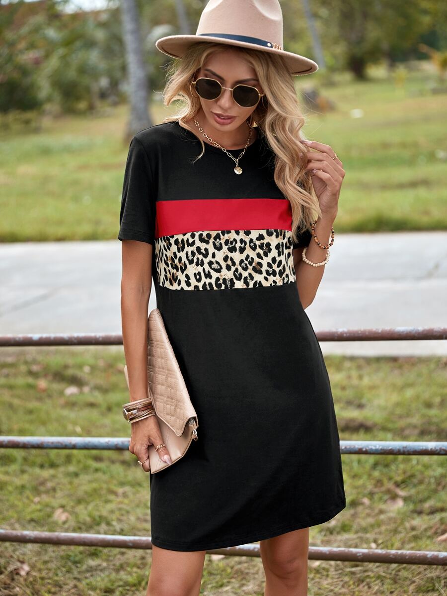 SHEIN LUNE Đầm Khối Màu In hoa Báo Giải trí - Đỏ - Xem 1