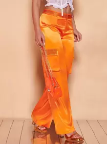 SHEIN BAE Quần nữ Nút Pha lê kim cương Dây kéo màu trơn Buổi tiệc - trái cam - Xem 1