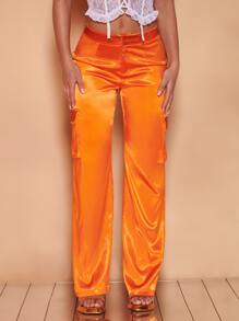 SHEIN BAE Quần nữ Nút Pha lê kim cương Dây kéo màu trơn Buổi tiệc - trái cam - Xem 2