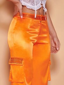 SHEIN BAE Quần nữ Nút Pha lê kim cương Dây kéo màu trơn Buổi tiệc - trái cam - Xem 6