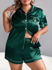 Plus Letter Embroidery Contrast Piping Satin PJ Set / Pajama Set - Dark Green - View 4