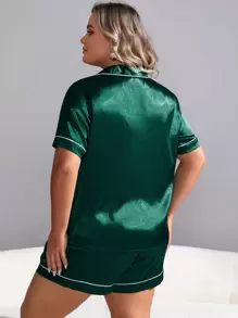 Plus Letter Embroidery Contrast Piping Satin PJ Set / Pajama Set - Dark Green - View 2