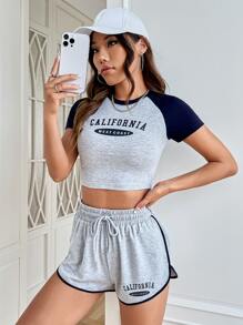 SHEIN EZwear Letter Graphic Raglan Sleeve Crop Tee & Drawstring Waist Shorts - Light Grey - View 4