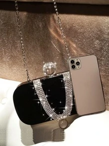 Mini Bolso De Embrague De Noche Glamoroso Con Adornos Brillantes De Rhinestone Para Mujer Con Asa De Anillo Y Correa De Hombro Desmontable