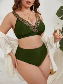 Plus Size Contrast Trim Bikini Set Summer Beach - Olive Green - View 3