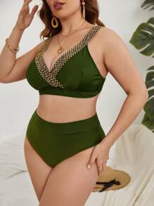 Plus Size Contrast Trim Bikini Set Summer Beach - Olive Green - View 4