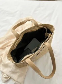 Bolsa de mimbre con bordado de letra - Caqui - Ver 4