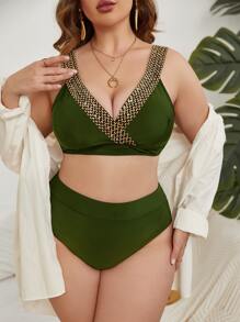 Plus Size Contrast Trim Bikini Set Summer Beach - Olive Green - View 5