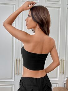 SHEIN EZwear Bikercore Letter Graphic Crop Tube Top - Black - View 2