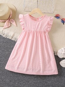 Cô Gái Trẻ Màu hồng Nguyên chất Màu sắc Giải trí , Đáng yêu , Đơn giản , Và Thoải mái Đầm , Tròn Đường viền cổ áo , Tay áo xù Cho mùa hè - Hồng - Xem 1