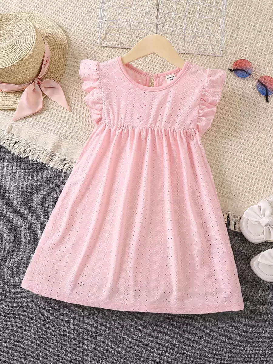 Cô Gái Trẻ Màu hồng Nguyên chất Màu sắc Giải trí , Đáng yêu , Đơn giản , Và Thoải mái Đầm , Tròn Đường viền cổ áo , Tay áo xù Cho mùa hè - Hồng - Xem 1