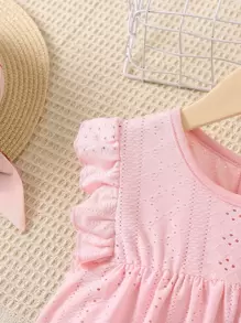 Cô Gái Trẻ Màu hồng Nguyên chất Màu sắc Giải trí , Đáng yêu , Đơn giản , Và Thoải mái Đầm , Tròn Đường viền cổ áo , Tay áo xù Cho mùa hè - Hồng - Xem 3