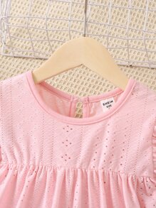 Cô Gái Trẻ Màu hồng Nguyên chất Màu sắc Giải trí , Đáng yêu , Đơn giản , Và Thoải mái Đầm , Tròn Đường viền cổ áo , Tay áo xù Cho mùa hè - Hồng - Xem 6