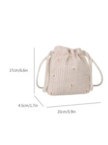 迷你花卉刺繡抽繩設計草編包 - 米色 - 查看 4