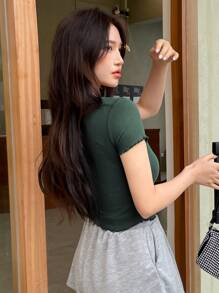 DAZY Camiseta Sólida De Punto De Costilla Con Ribete De Lechuga