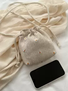 迷你花卉刺繡抽繩設計草編包 - 米色 - 查看 6