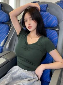 DAZY Camiseta Sólida De Punto De Costilla Con Ribete De Lechuga