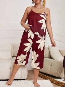 Plus Floral Print Cami Top & Trousers PJ Set - Burgundy - View 1