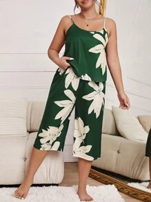Plus Floral Print Cami Top & Trousers PJ Set - Green - View 1