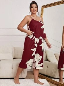 Plus Floral Print Cami Top & Trousers PJ Set - Burgundy - View 4