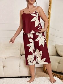 Plus Floral Print Cami Top & Trousers PJ Set - Burgundy - View 5