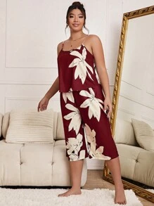Plus Floral Print Cami Top & Trousers PJ Set - Burgundy - View 6