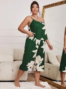 Plus Floral Print Cami Top & Trousers PJ Set - Green - View 4