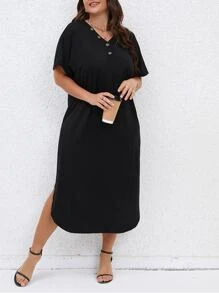 SHEIN LUNE Plus Button Detail Batwing Sleeve Curved Hem Dress - Black - View 3