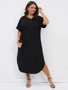 SHEIN LUNE Plus Button Detail Batwing Sleeve Curved Hem Dress - Black - View 2