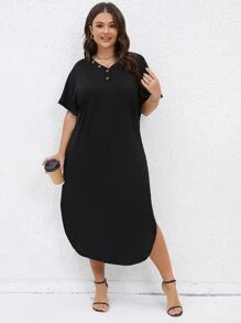 SHEIN LUNE Plus Button Detail Batwing Sleeve Curved Hem Dress - Black - View 1