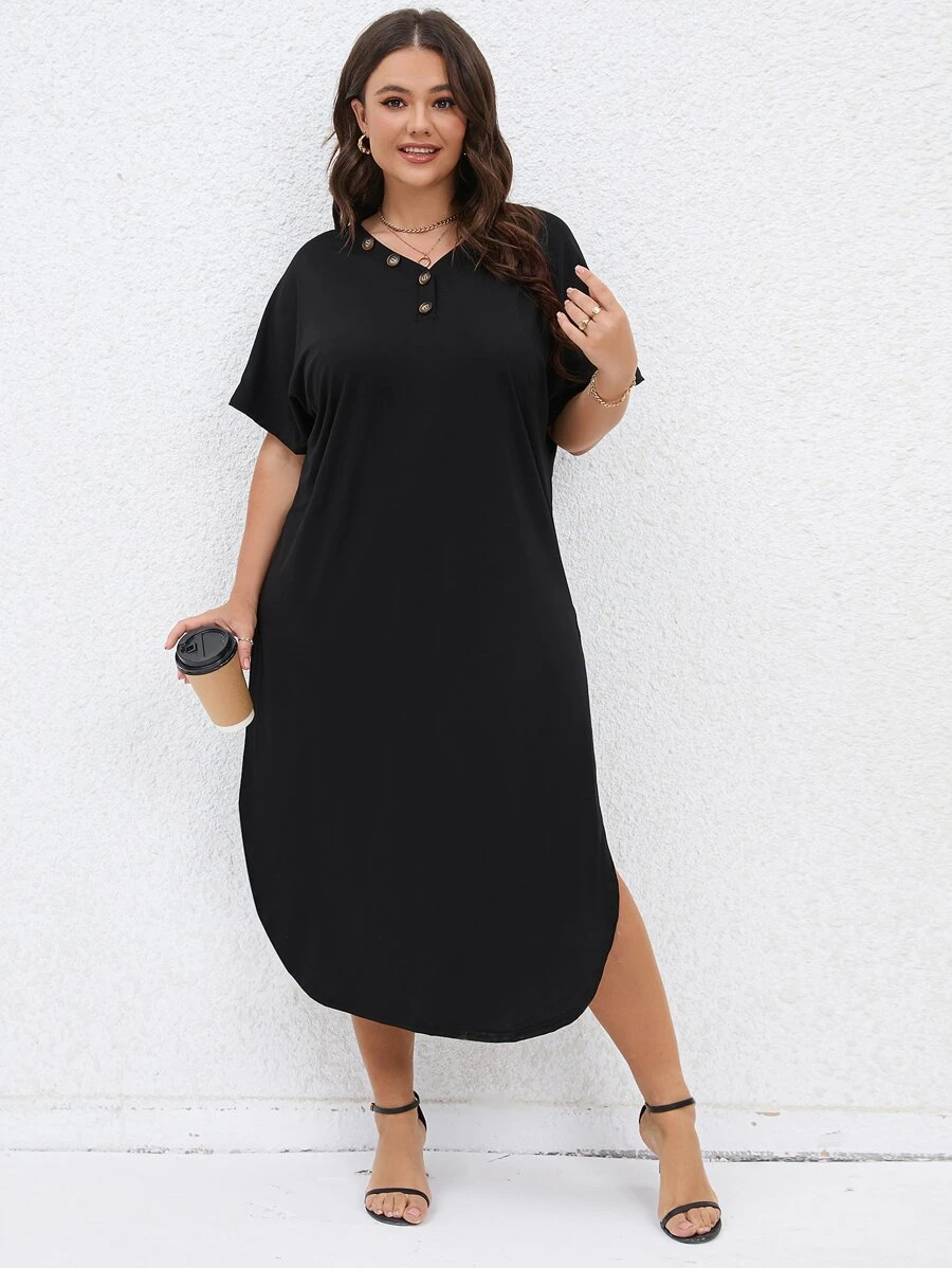 SHEIN LUNE Plus Button Detail Batwing Sleeve Curved Hem Dress - Black - View 1