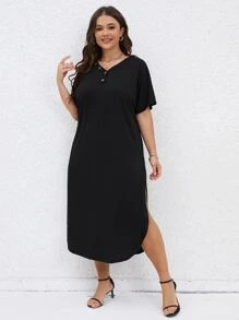 SHEIN LUNE Plus Button Detail Batwing Sleeve Curved Hem Dress - Black - View 5