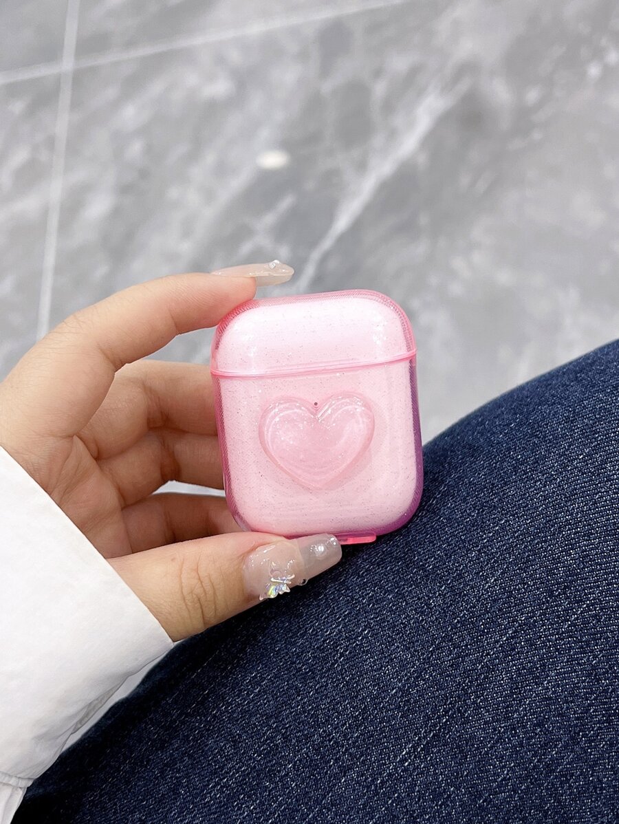 Heart Decor Anti-fall Clear Case Compatible With Airpods - Pink - View 1