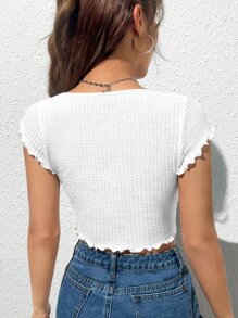 SHEIN EZwear Cottagecore Sweetheart Neck Lettuce Trim Crop Tee - White - View 3