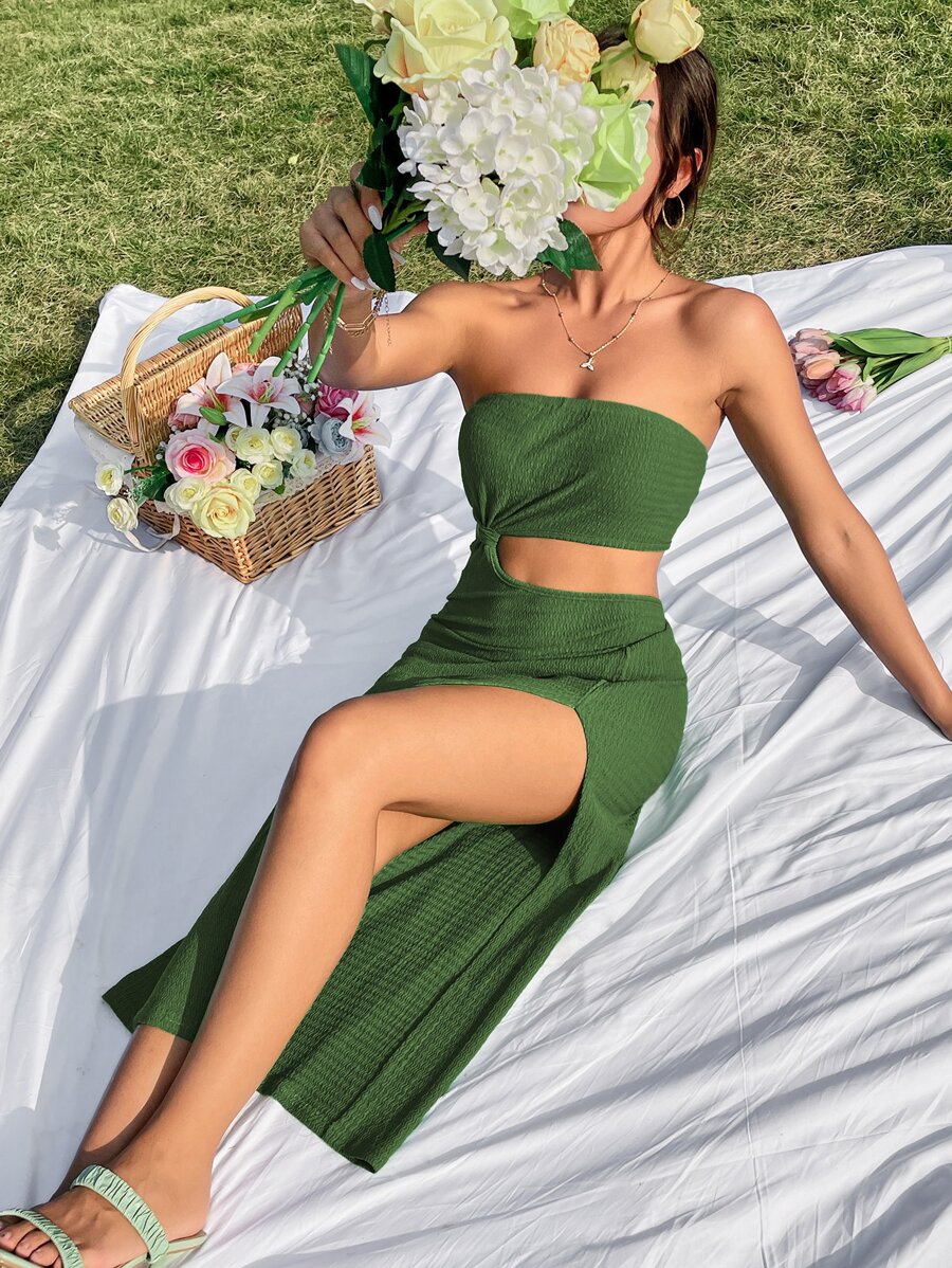 Soleia Cut Out Split Thigh Tube Dress - Army Green - View 1