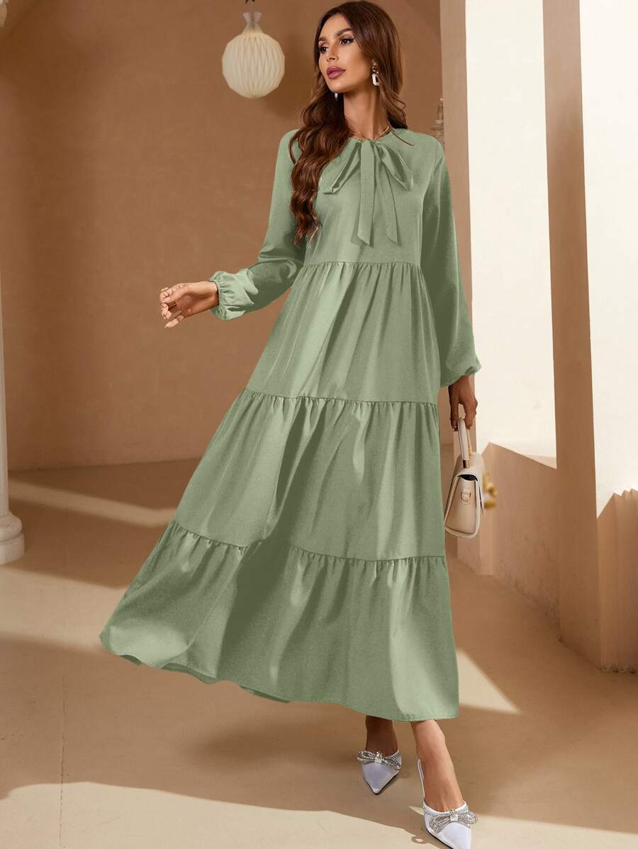 Mulvari Tie Neck Lantern Sleeve Ruffle Hem Dress Maxi Women Outfit - Green - View 1