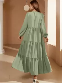 Mulvari Tie Neck Lantern Sleeve Ruffle Hem Dress Maxi Women Outfit - Green - View 2