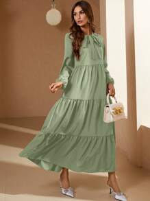Mulvari Tie Neck Lantern Sleeve Ruffle Hem Dress Maxi Women Outfit - Green - View 3